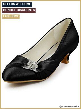 Low Heel Dress Shoes Closed Toe Satin Wedding Heels with Rhinestones Buckle 1.5